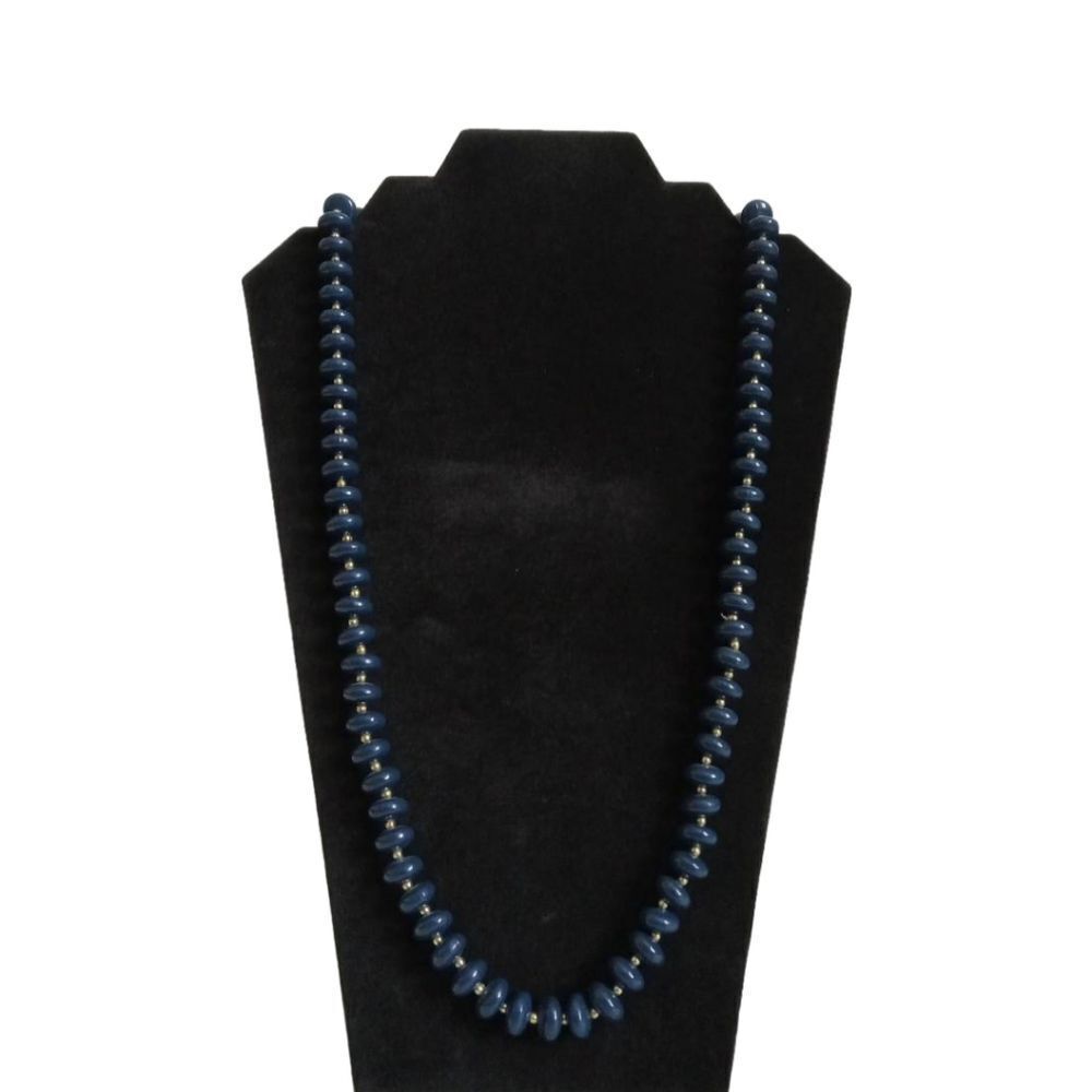 Vintage Navy Blue & Gold Toned Single Strand Round Alternating Beaded Necklace